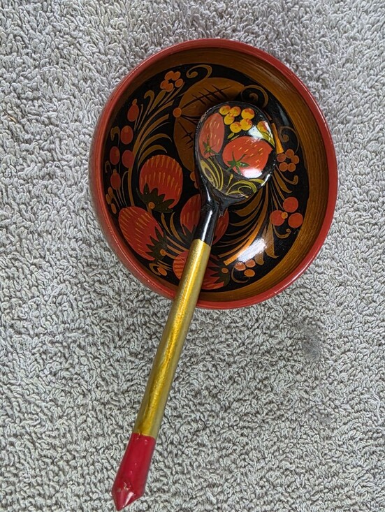 Other - Hand-Painted Russian Style Wooden Bowl & Spoon Set - Black, Red, Gold Floral
